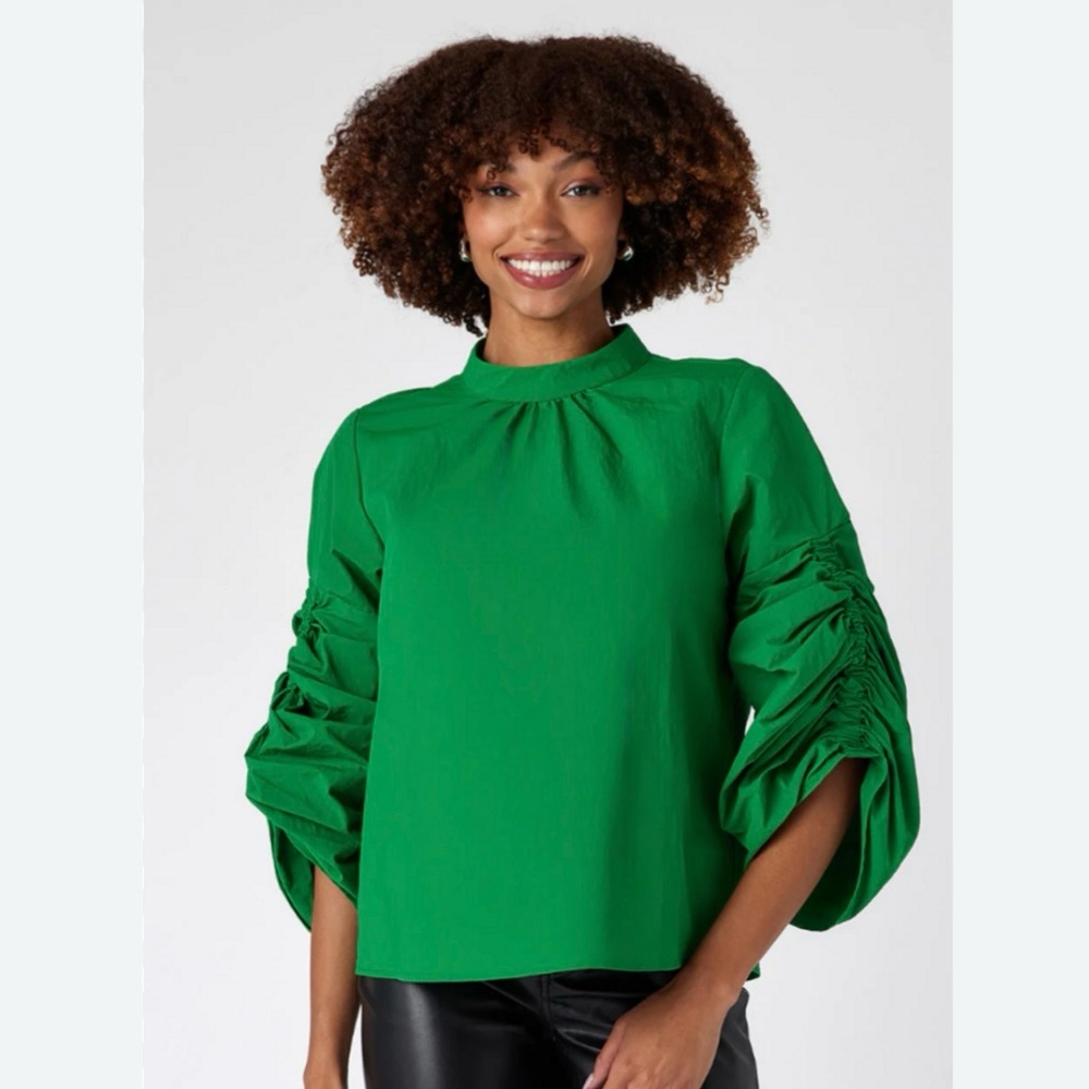 CROSBY by Mollie Burch Vibrant Green Ruched Sleeve Blouse